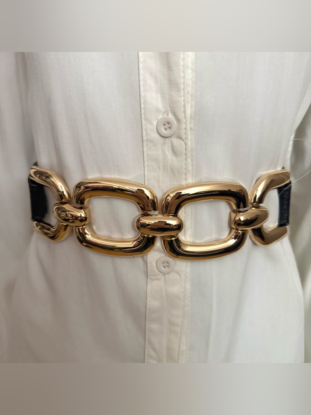 Black PU leather elastic waistband belt with gold tone link buckle